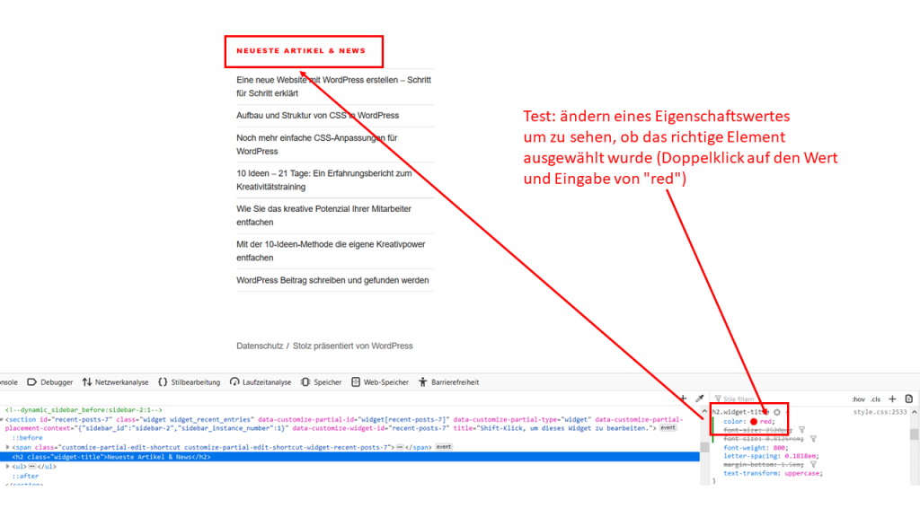 WordPress CSS Element Test geänderter Eigenschaftswert