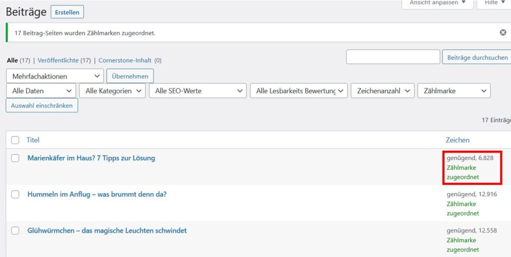 VG WORT in WordPress Zählmarken den Beiträgen erfolgreich zugeordnet