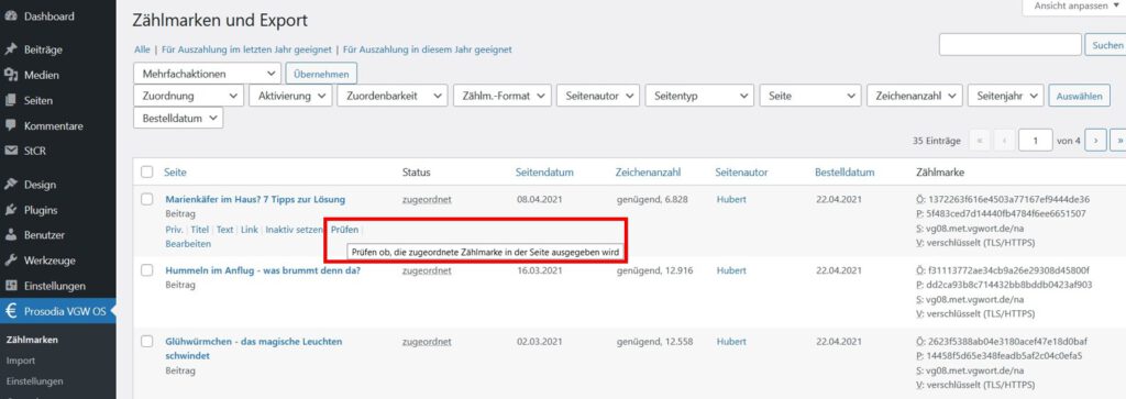 VG WORT in WordPress Übersicht zugeordnete Zählmarken und prüfen ob es funktioniert hat