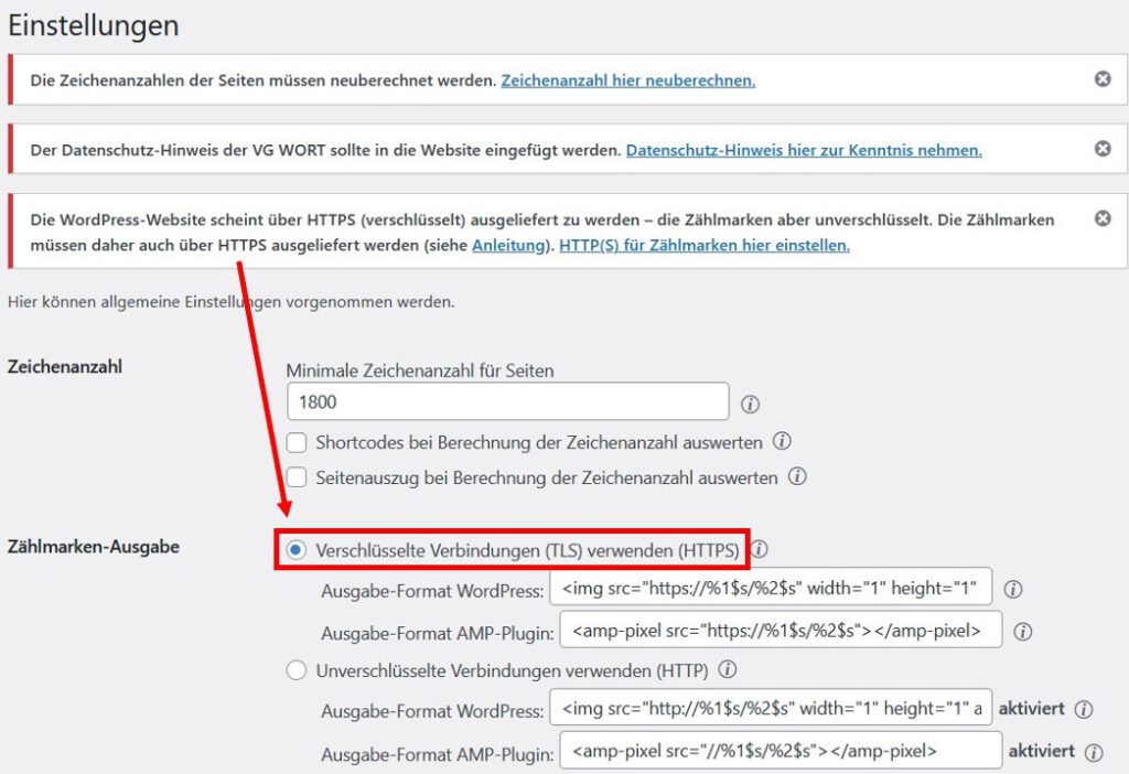 VG WORT in WordPress Zählmarken via https ausgeben